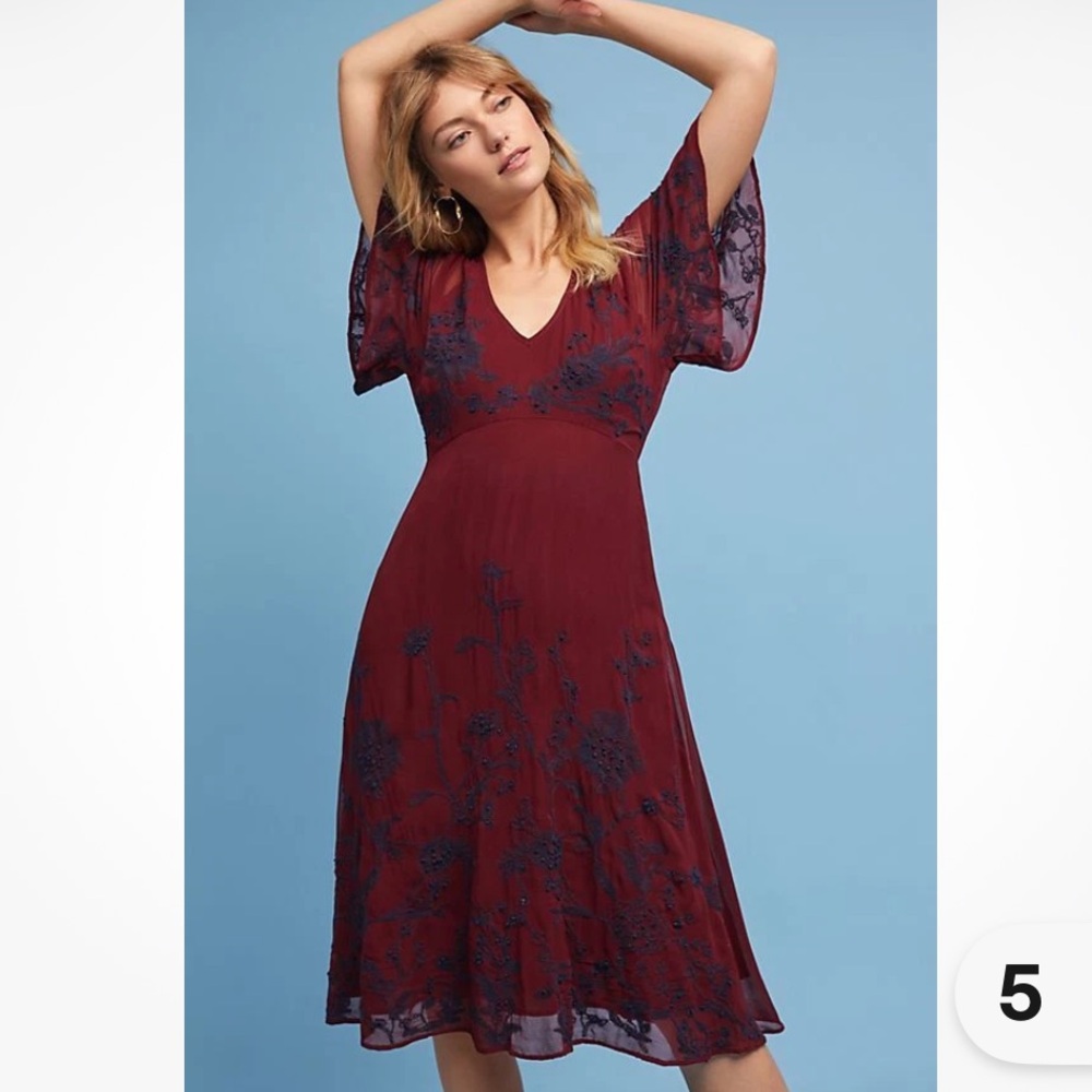 Maeve by Anthropologie Francoise Midi Dress Wine Red with Navy Embroidery Size 4